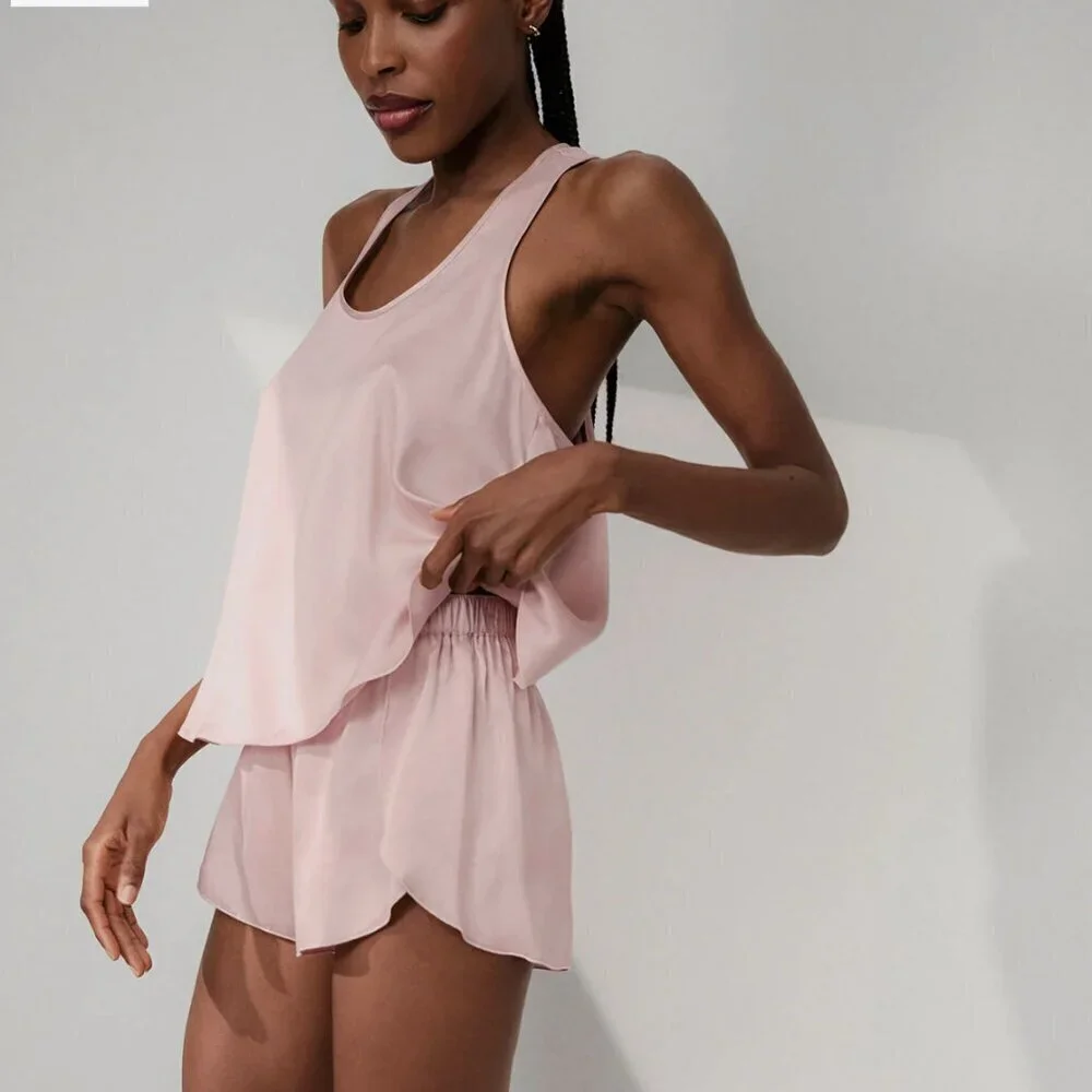 Lunya NWT Washable Silk Tulip Back Set Delicate Pink Pajamas Top & Shorts Size S